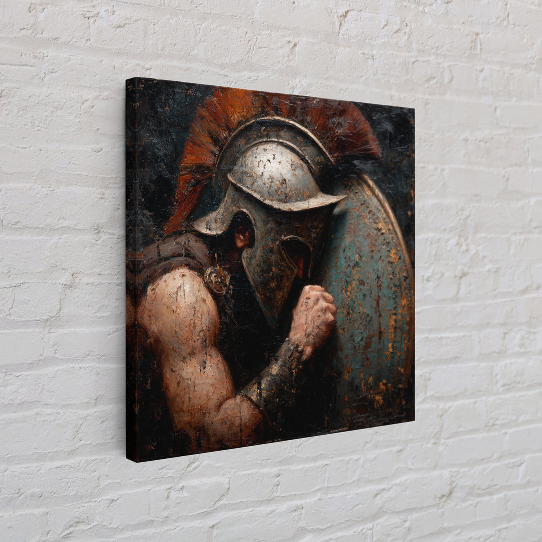 Dark Spartan Helmet And Shield Wall Art, Ancient Warrior Oil Painting, Greek Soldier Decor, Masculine Office, Gift For Him