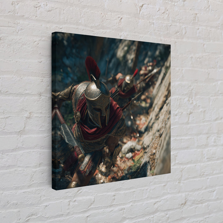 Spartan Warriors Climbing Rocky Pass Framed Canvas Print, Ancient Greek Wall Art, Roman Soldier Decor, History Gift, Fine Art