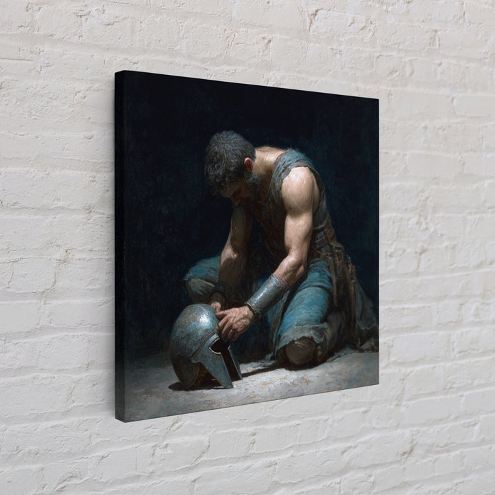 Kneeling Gladiator Holding Helmet Framed Canvas Print, Roman Warrior Oil Painting, Dark Masculine Wall Art For Office Decor