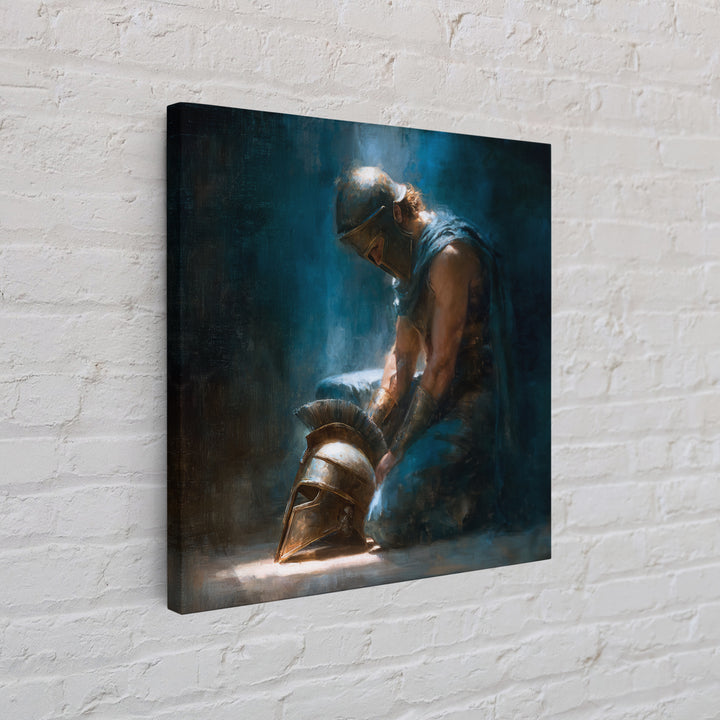 Kneeling Warrior With Bronze Helmet Framed Canvas Print, Dark Roman Oil Painting, Moody Masculine Office Wall Art Decor Gift