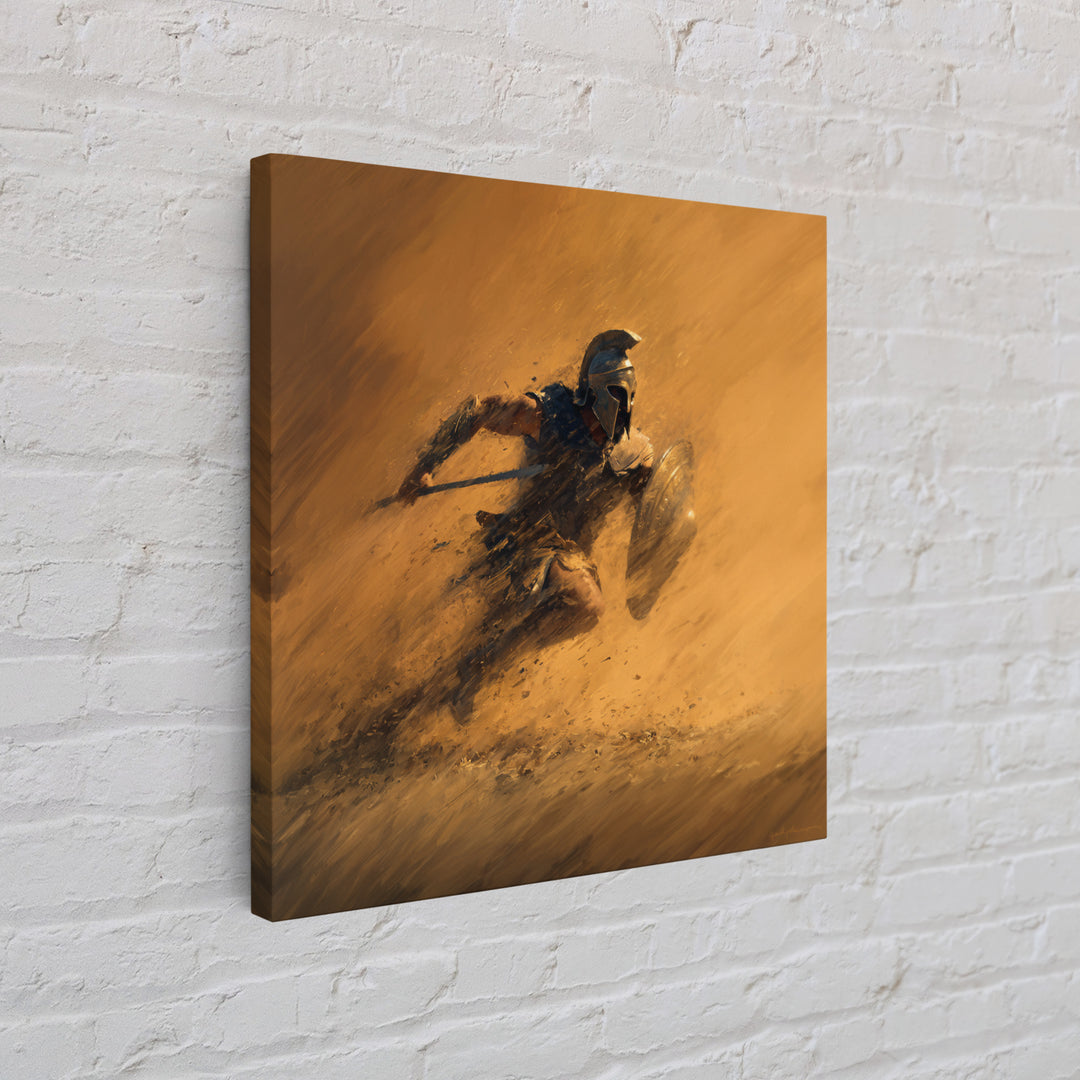 Spartan Warrior Charging Through Sandstorm Canvas Print, Greek Wall Art, Action Painting, Warm Orange Decor, Gift For Him
