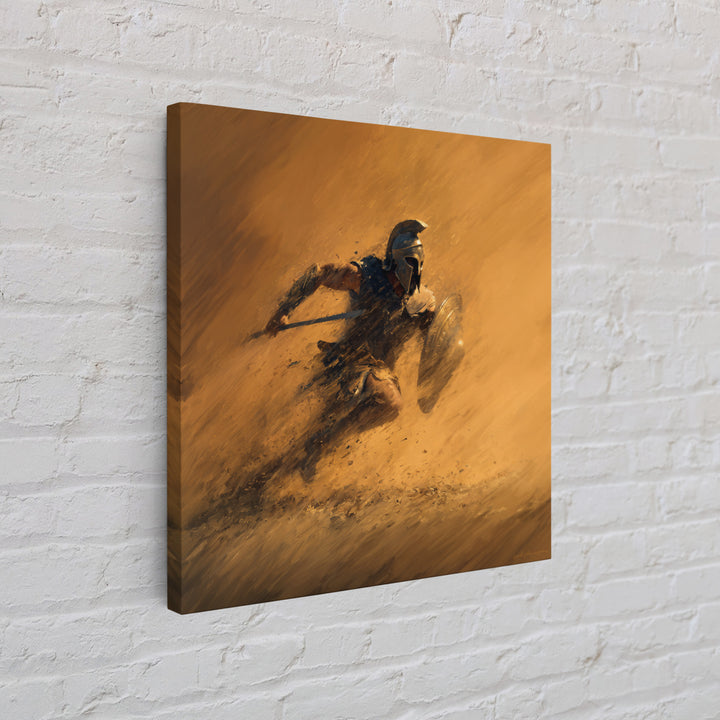 Spartan Warrior Charging Through Sandstorm Canvas Print, Greek Wall Art, Action Painting, Warm Orange Decor, Gift For Him