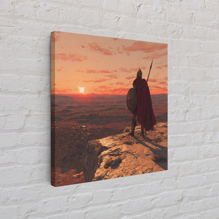 Ancient Warrior At Sunset Over Valley Canvas Print, Spartan Wall Art, Historical Landscape, Masculine Office Decor Gift Idea
