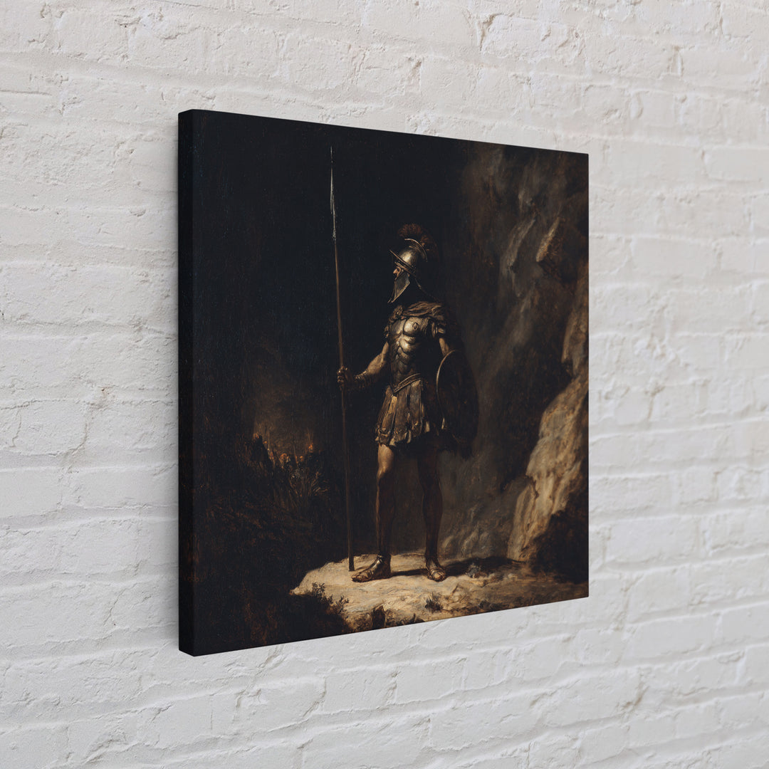Ancient Spearman Guard In Dark Cave Canvas Print, Historical Classical Warrior Art, Moody Wall Decor, Masculine Office Decor