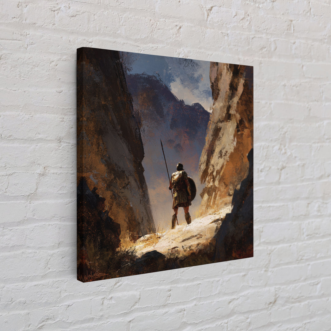 Solitary Spear Warrior In Sunlit Canyon Canvas Print, Ancient Greek Art, Southwestern Wall Art, Rustic Home Decor, Gift For Him