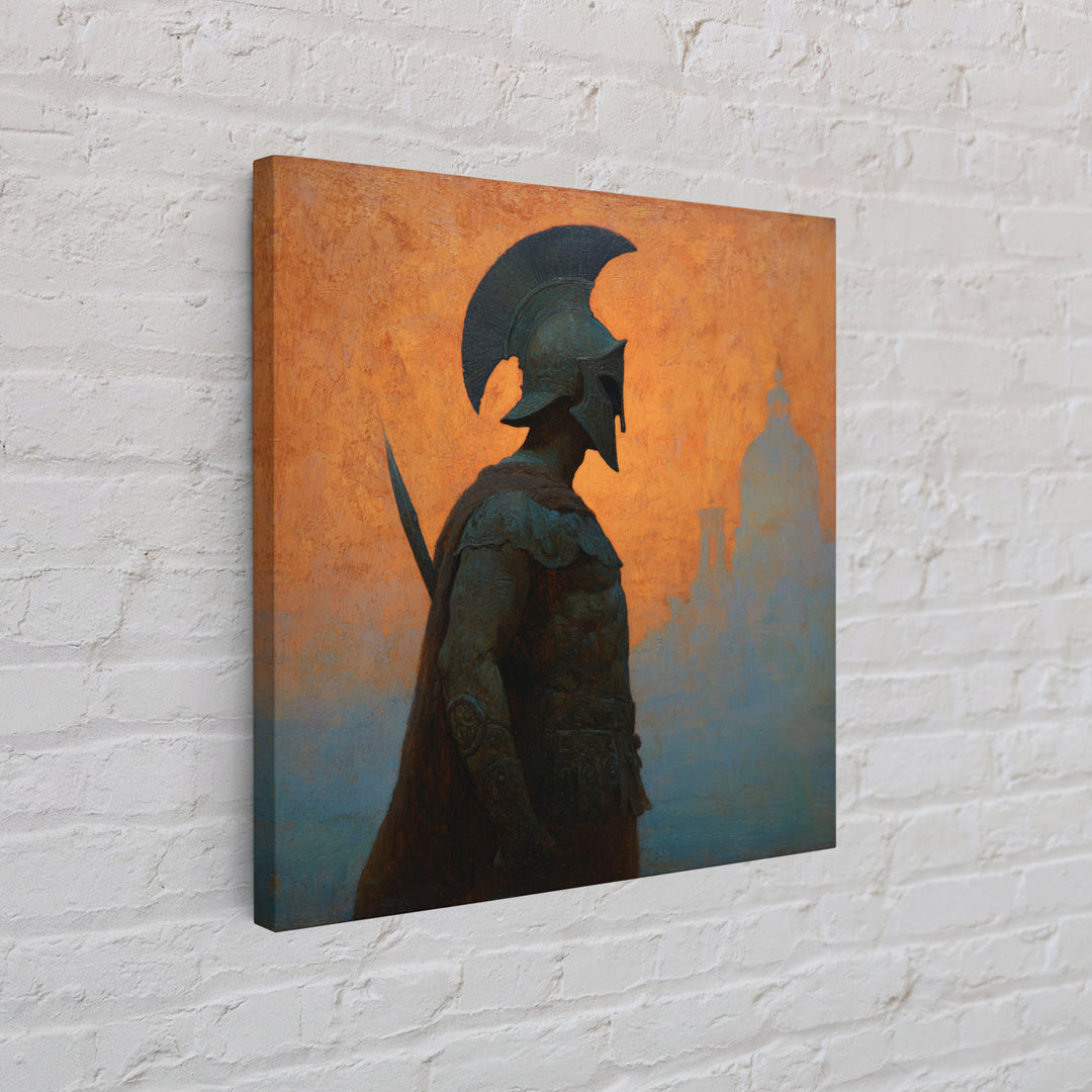 Spartan Warrior Silhouette Canvas Print, Orange Ancient Cityscape, Greek Mythology Wall Art, Classical History Home Decor