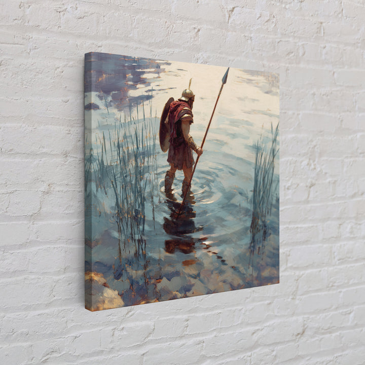 Solitary Warrior Wading Through Water Wall Art, Roman Spearman Landscape, Coastal Blue Canvas Print For Living Room Decor