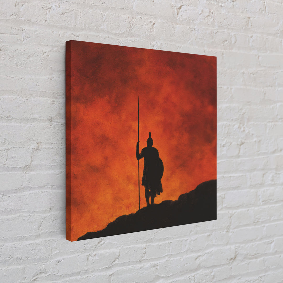Spartan Silhouette With Spear At Red Sunset Framed Canvas Print, Greek Wall Art, Mythological Art, Dramatic Wall Decor, Gift For Him