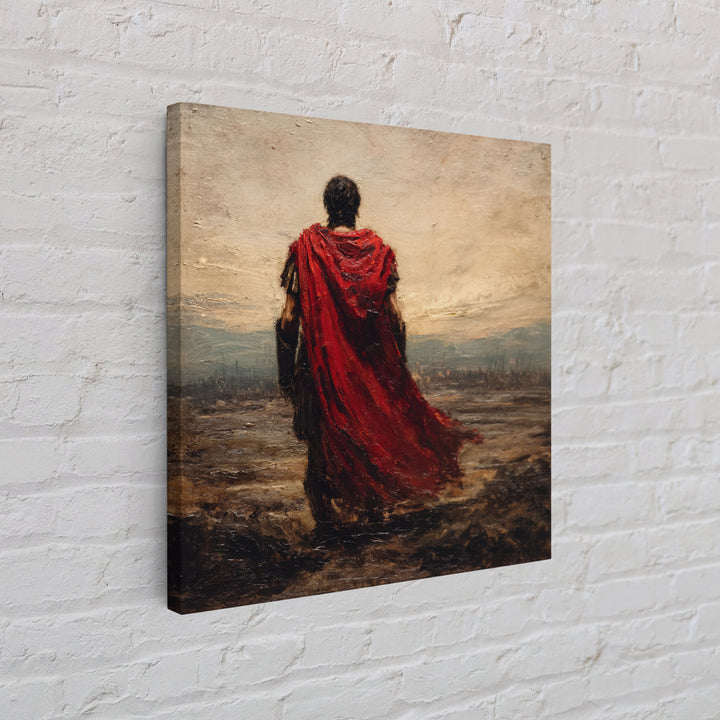 Red Cloaked Roman Warrior Framed Canvas Print, Ancient Battlefield Oil Painting, Classical Landscape Wall Art For Office