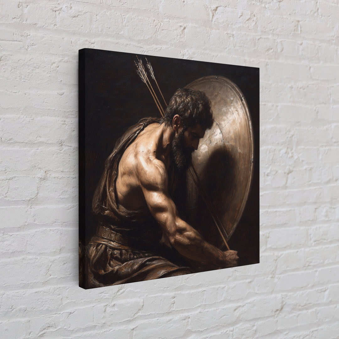Bearded Warrior With Shield Wall Art, Classical Figurative Oil Painting, Dark Masculine Decor, Gift For Him, Office Decor