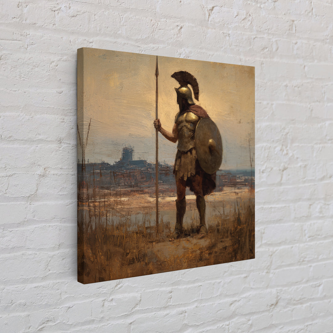 Spartan Guard With Spear And Shield Canvas Print, Greek Warrior Landscape, Ancient History Wall Decor, Masculine Office Art