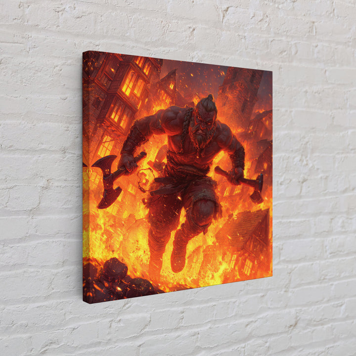Fire Giant Berserker With Axes Wall Art, Dark Fantasy Canvas, Mythological Warrior Print, Gaming Room Decor, Gift For Him