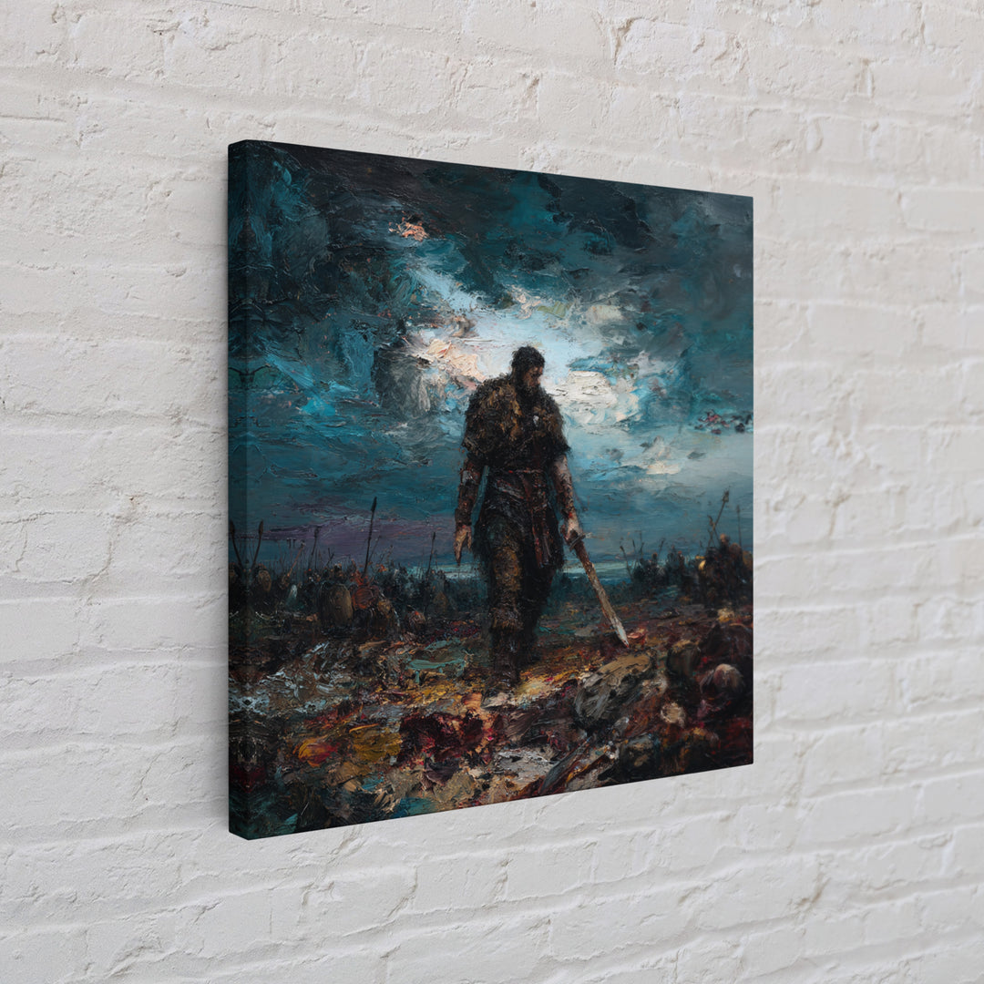 Brooding Warrior With Sword On Stormy Battlefield Canvas Print, Dark Fantasy Art, Masculine Office Decor, Gift For Him, Wall Decor