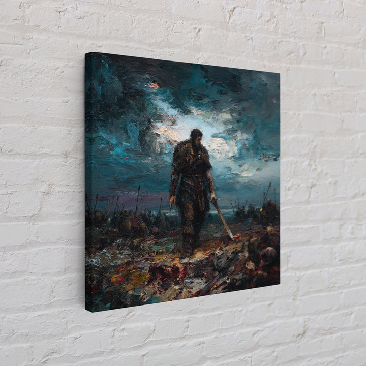 Brooding Warrior With Sword On Stormy Battlefield Canvas Print, Dark Fantasy Art, Masculine Office Decor, Gift For Him, Wall Decor