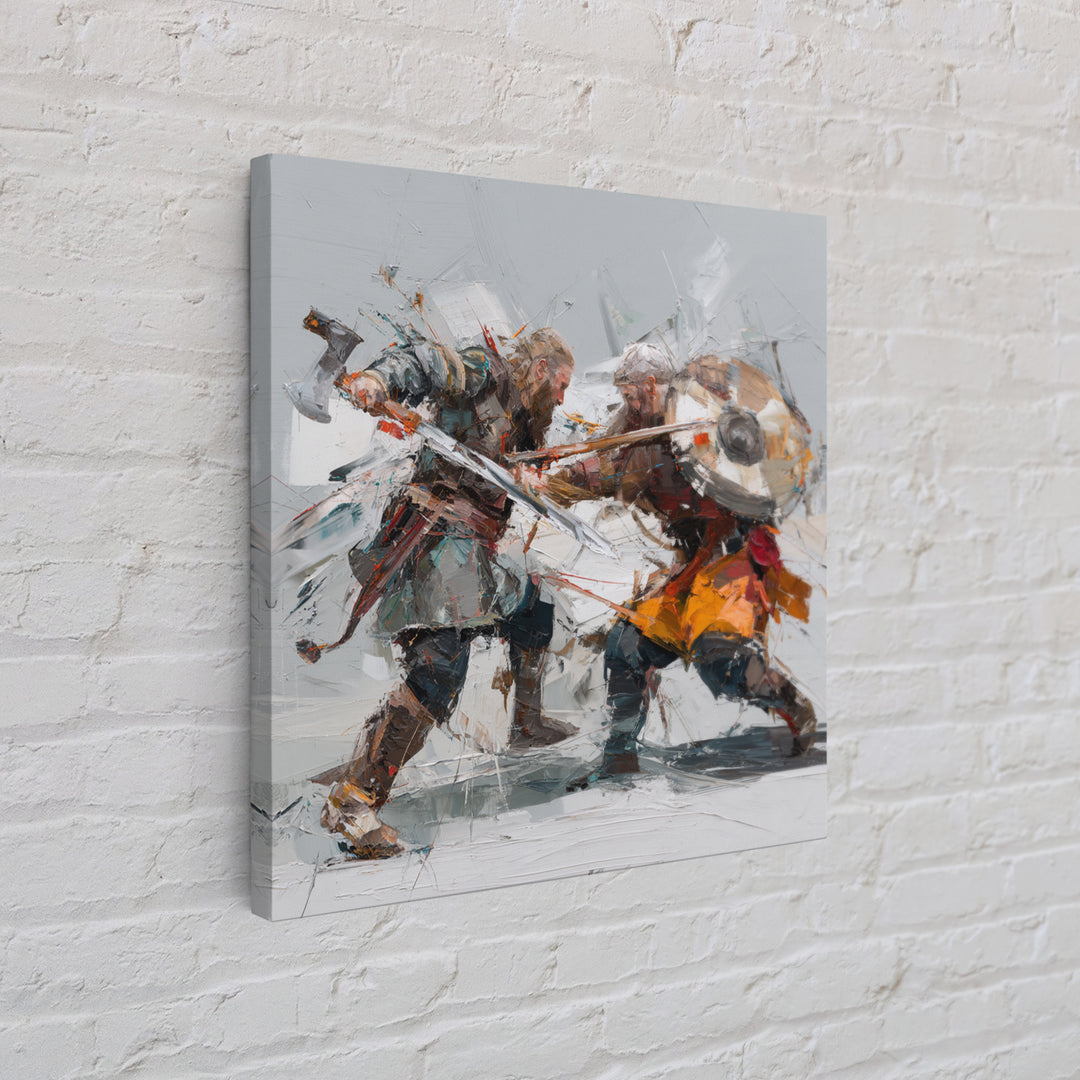 Viking Duel With Swords And Shields Canvas Print, Abstract Warrior Battle Painting, Dynamic Modern Wall Art For Game Room