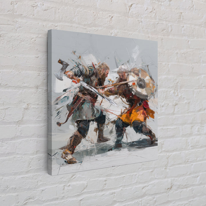 Viking Duel With Swords And Shields Canvas Print, Abstract Warrior Battle Painting, Dynamic Modern Wall Art For Game Room