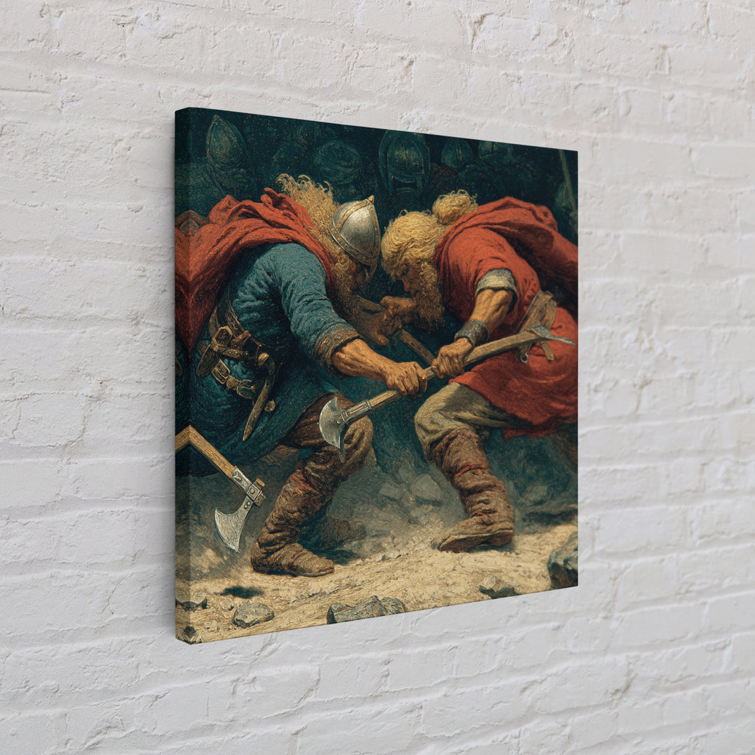 Clashing Viking Warriors With Axes Wall Art, Nordic Battle Painting, Historical Canvas Decor, Dramatic Masculine Office Art