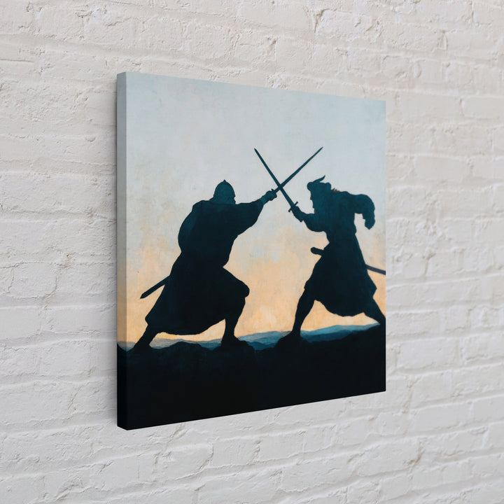 Silhouette Sword Duel At Sunset Canvas Print, Medieval Warrior Wall Decor, Viking Battle Art, Minimalist Masculine Gift For Him
