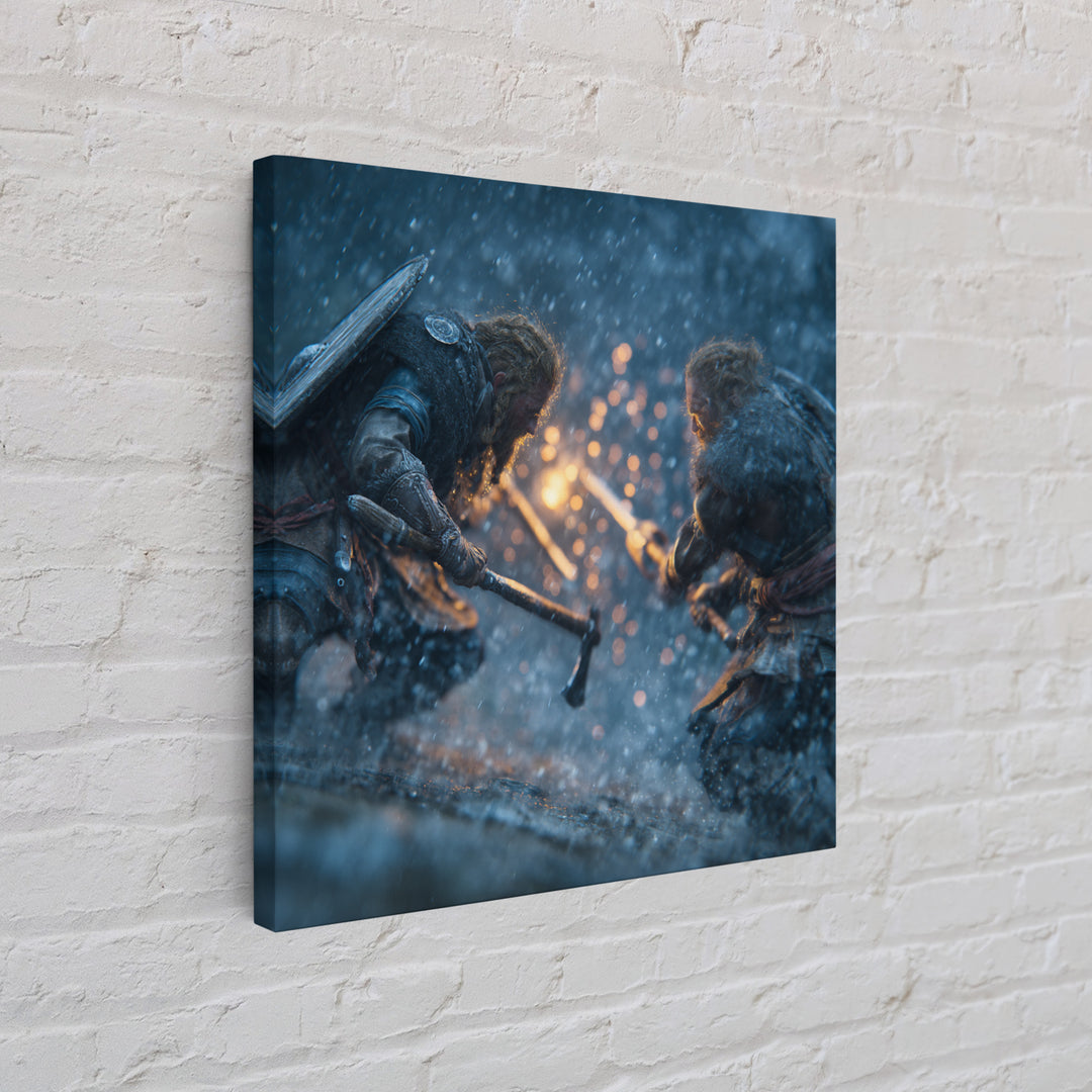 Snowy Viking Duel With Axes Wall Art, Norse Battle Canvas Print, Dark Fantasy Decor, Action Artwork, Gift For Him, Nordic Decor