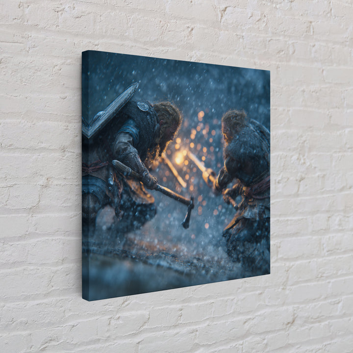 Snowy Viking Duel With Axes Wall Art, Norse Battle Canvas Print, Dark Fantasy Decor, Action Artwork, Gift For Him, Nordic Decor