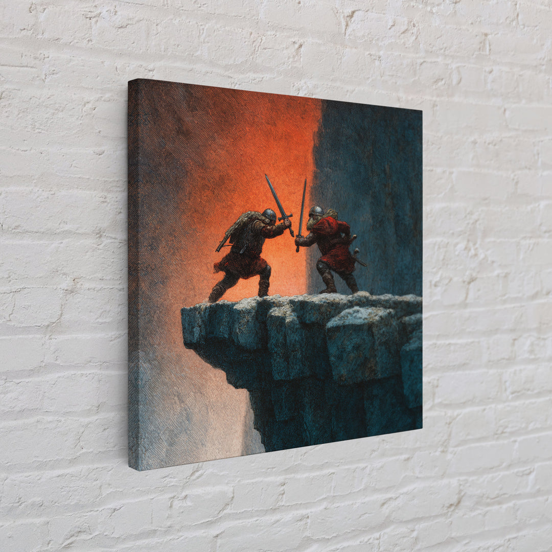 Cliffside Sword Duel Wall Art, Medieval Warriors Battle At Sunset, Dark Fantasy Canvas Print For Game Room And Office Decor