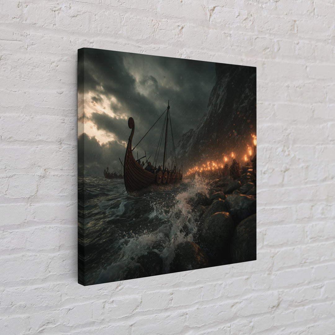 Viking Longship Stormy Shore Framed Canvas Print, Norse Seascape, Dark Fantasy Wall Decor, Masculine Office Art, Viking Wall Art