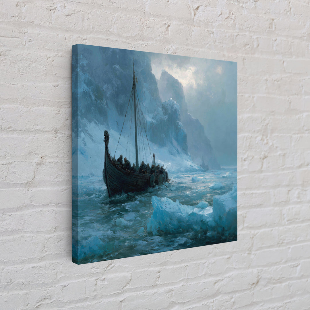 Viking Longship In Icy Fjord, Arctic Seascape Wall Art, Norse Landscape Canvas Print, Coastal Winter Decor, Gift For Him