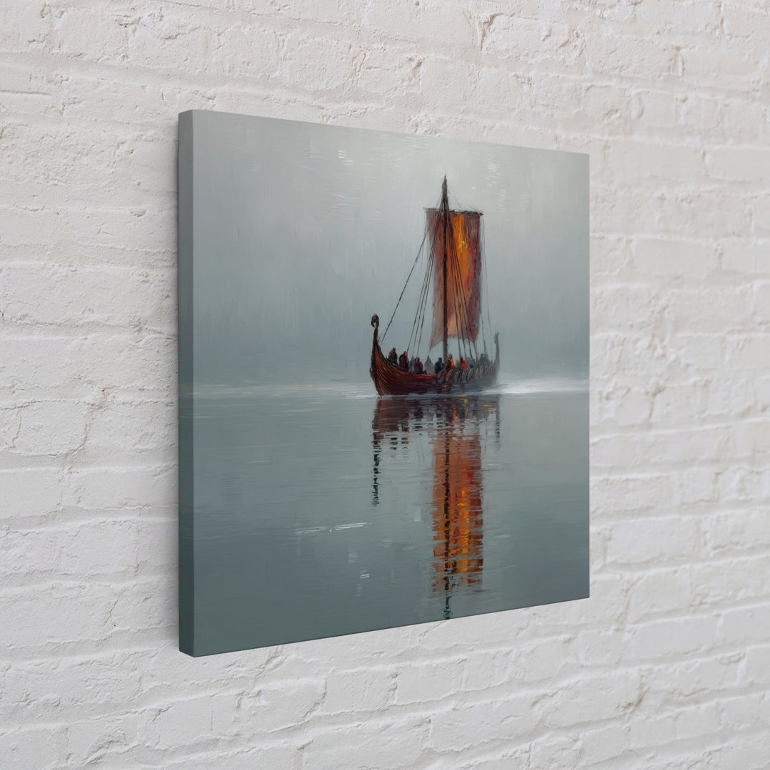 Misty Viking Longship With Red Sail Canvas Print, Nordic Seascape Oil Painting, Nautical Wall Decor, Scandinavian Art, Home Decor