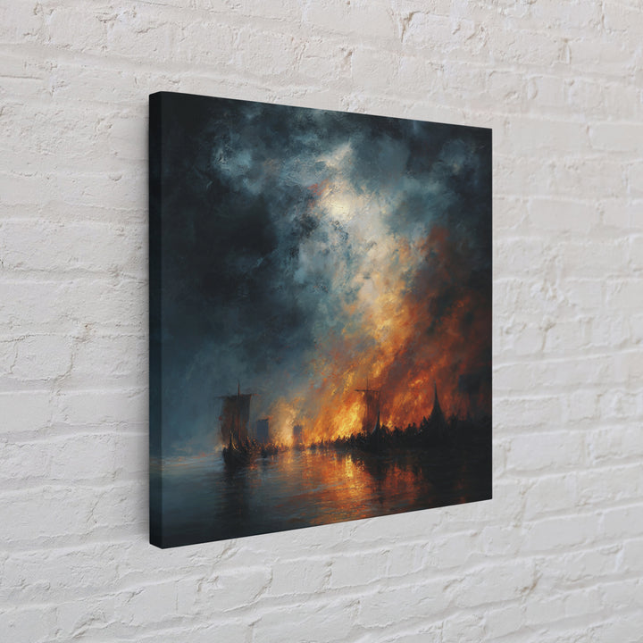 Burning Harbor Ships At Night Wall Art, Moody Seascape Painting, Dramatic Ocean Canvas Art, Dark Coastal Living Room Decor