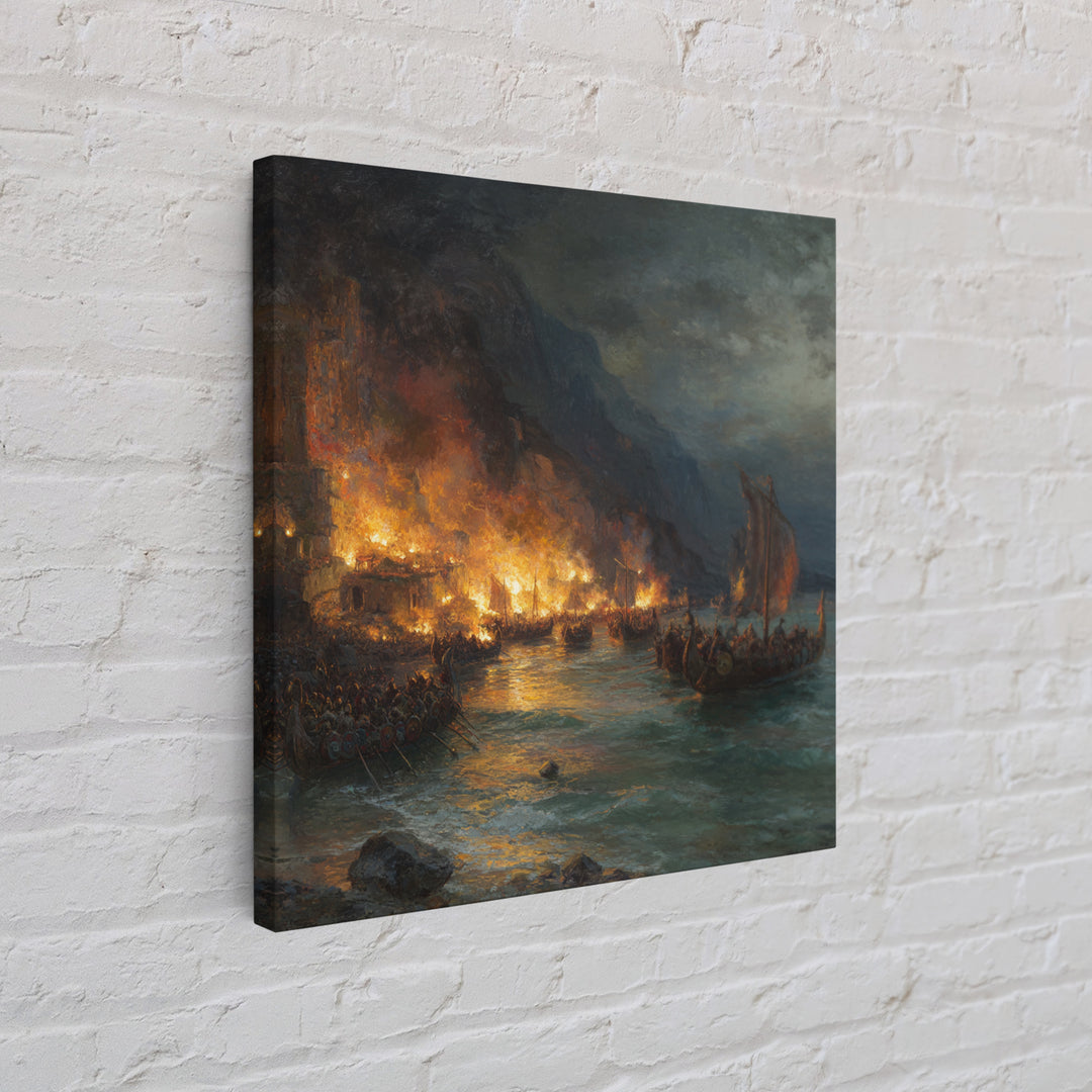 Burning Harbor With Viking Longships Framed Canvas Print, Seascape Art, Historical Wall Art, Dark Nautical Decor, Man Cave Decor