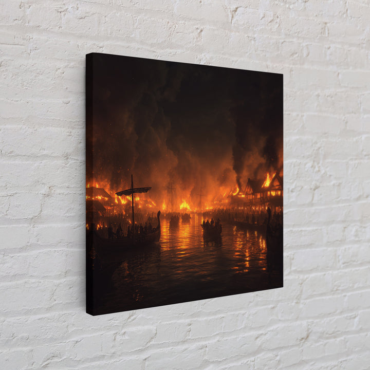 Burning Medieval Harbor And Viking Ships Wall Art, Dark Fantasy Fire Painting, Dramatic Historical Canvas Home Decor, Luxury Wall Decor