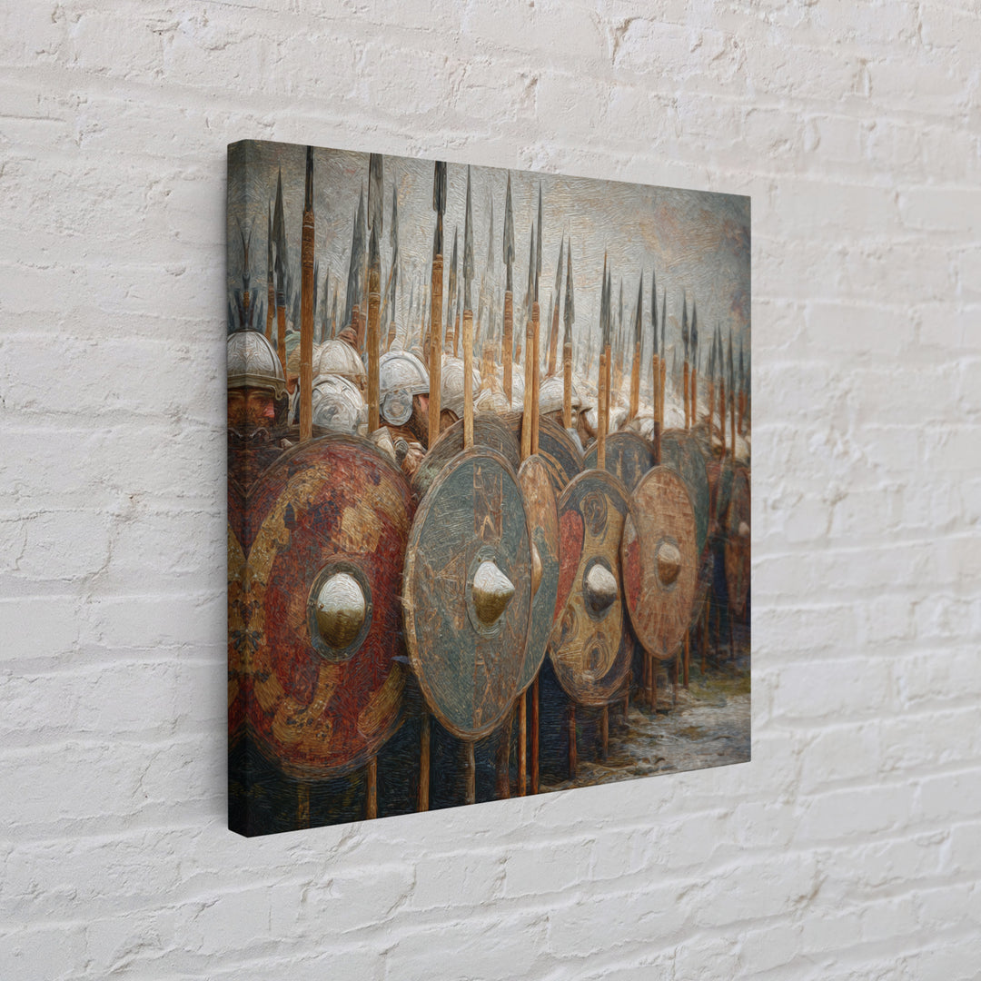 Ancient Shield Wall With Spears Canvas Print, Greek Hoplite Army Wall Art, Historical Battle Decor, Textured Oil Painting