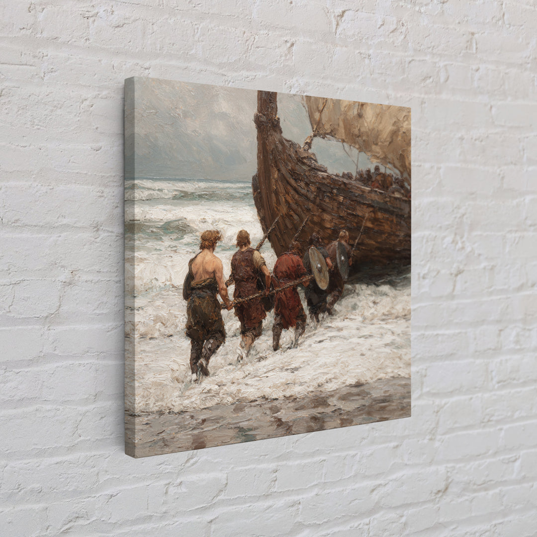 Viking Longship Landing On Stormy Shore Canvas Print, Norse Seascape Oil Painting, Nautical Coastal Wall Decor For Living Room