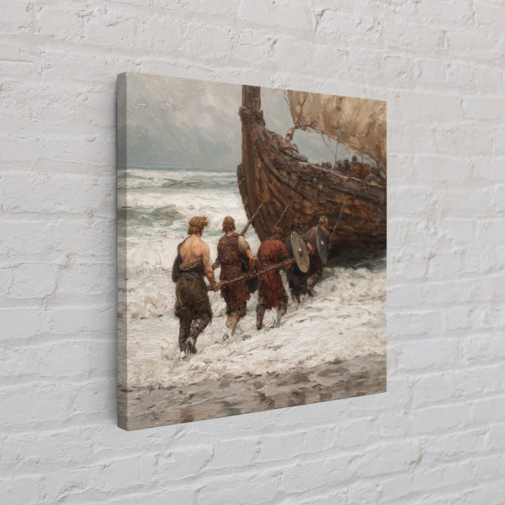 Viking Longship Landing On Stormy Shore Canvas Print, Norse Seascape Oil Painting, Nautical Coastal Wall Decor For Living Room