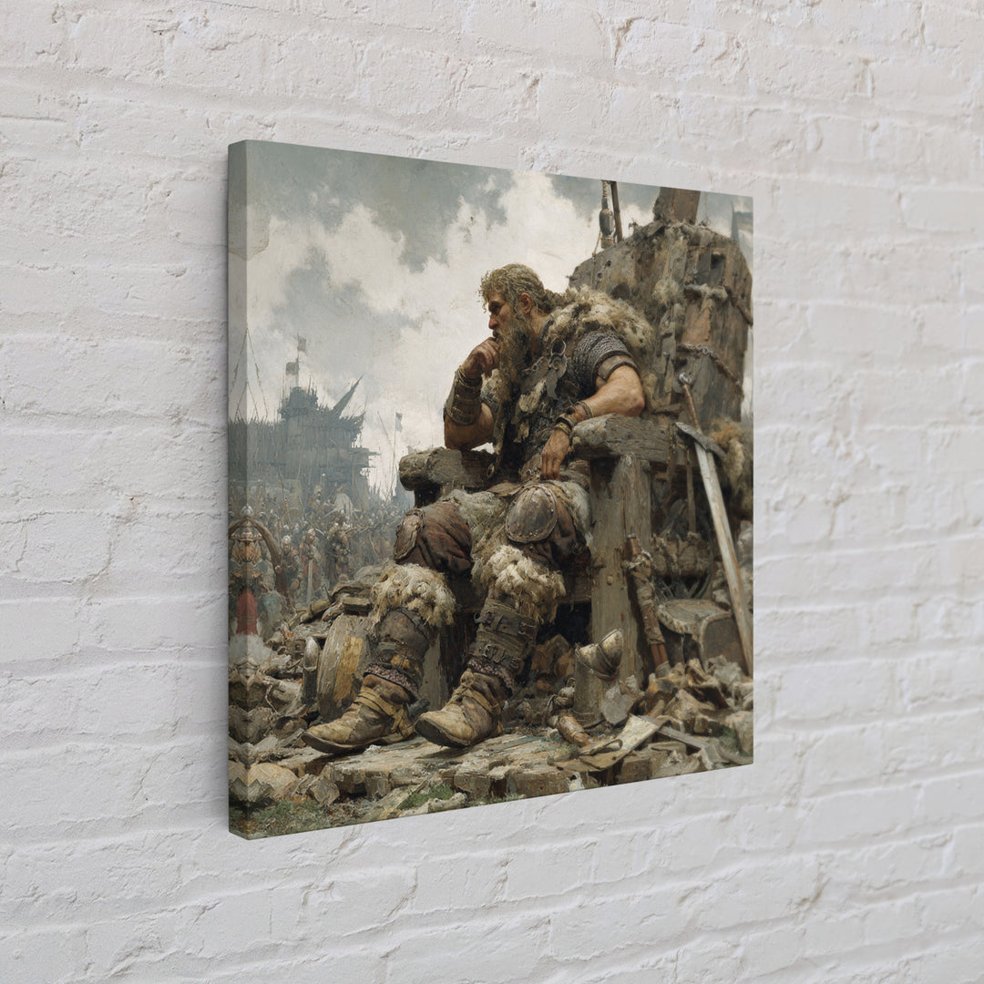 Viking Chieftain On Ruined Throne Framed Canvas Print, Norse Warrior Oil Painting, Rustic Medieval Wall Decor, Gift For Him