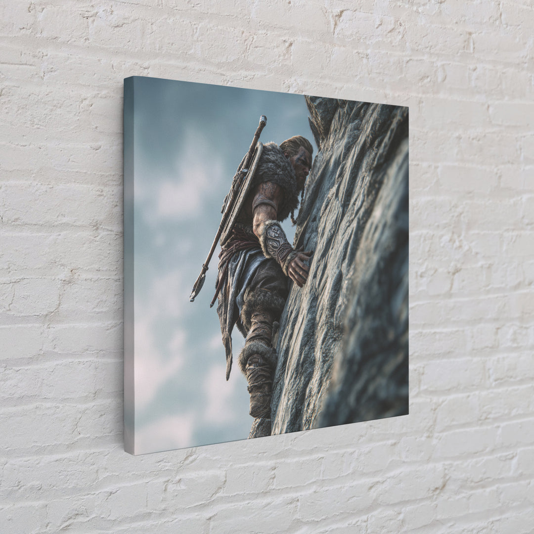 Viking Cliff Climber Warrior Wall Art, Norse Fantasy Canvas Print, Adventure Decor, Mountain Artwork, Gift For Him, Rustic Home Decor