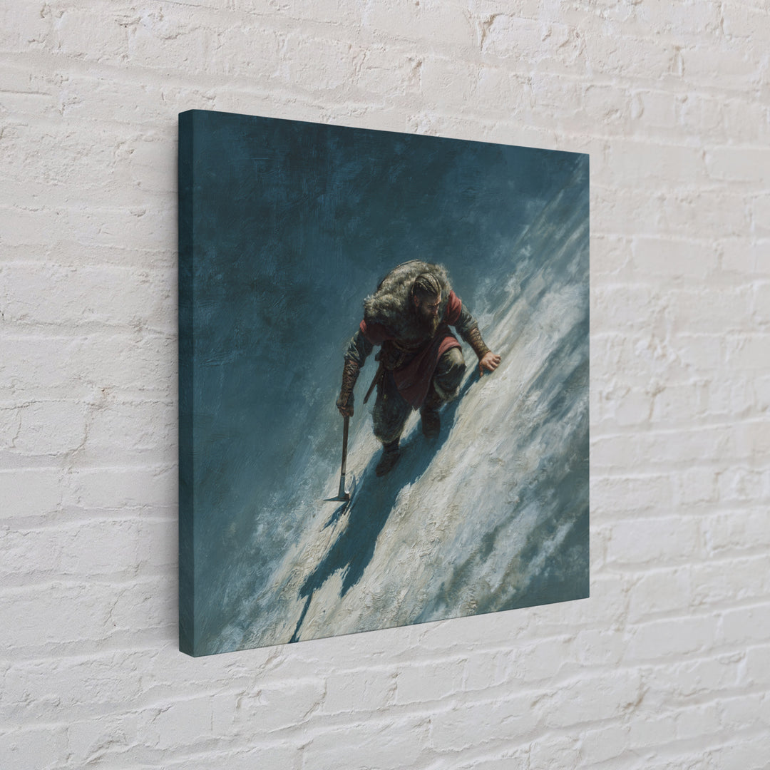 Lone Viking Climbing Icy Mountain Wall Art, Nordic Warrior Oil Painting, Dark Adventure Landscape Office Decor Gift For Him