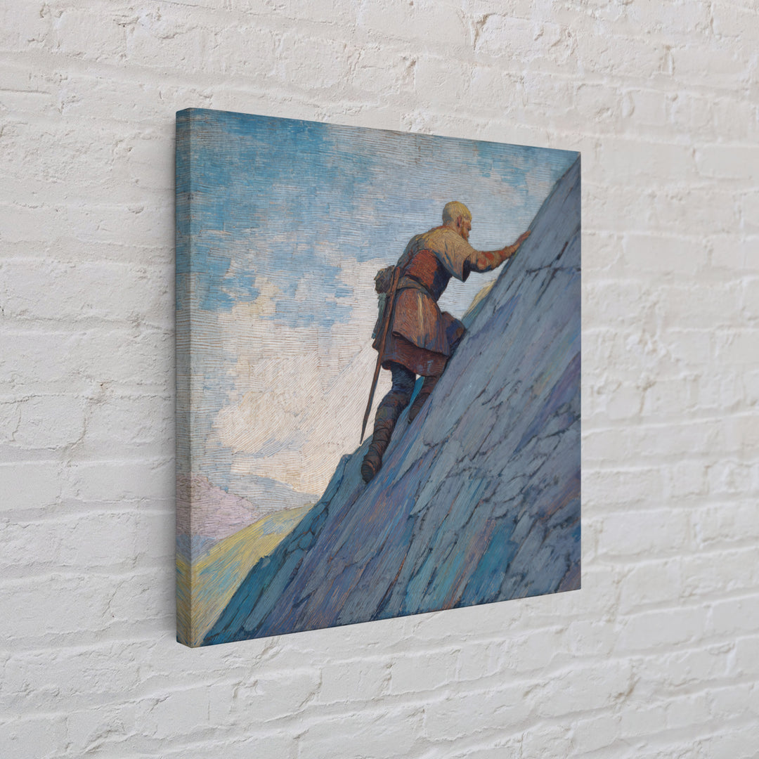 Lone Viking Climbing Icy Mountain Canvas Print, Fantasy Adventure Landscape Art, Nordic Wall Decor, Motivational Office Art