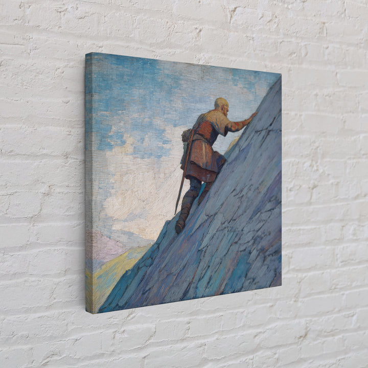 Lone Viking Climbing Icy Mountain Canvas Print, Fantasy Adventure Landscape Art, Nordic Wall Decor, Motivational Office Art
