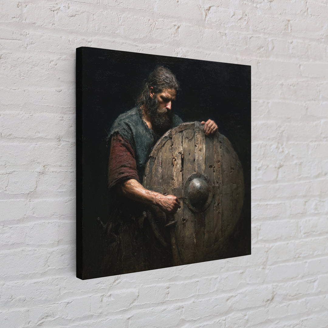 Bearded Warrior Holding Weathered Wooden Shield Canvas Print, Rustic Wall Art, Viking Art, Dark Academia Decor, Gift For Him