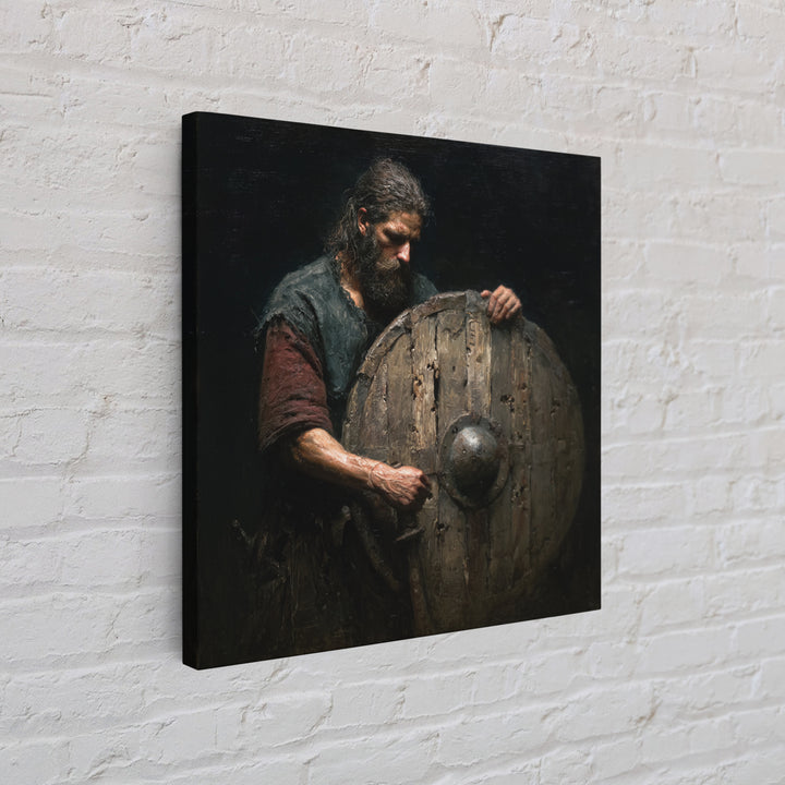 Bearded Warrior Holding Weathered Wooden Shield Canvas Print, Rustic Wall Art, Viking Art, Dark Academia Decor, Gift For Him