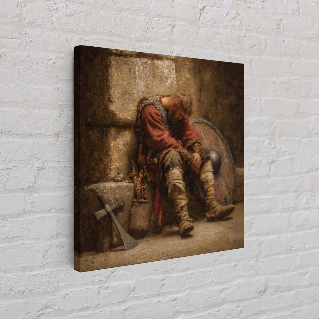 Exhausted Viking Warrior Wall Art, Medieval Shield And Axe Painting, Rustic Historical Canvas Print For Man Cave And Office Decor