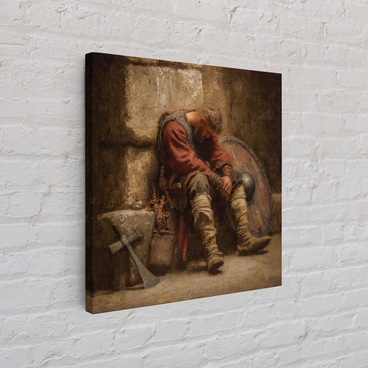Exhausted Viking Warrior Wall Art, Medieval Shield And Axe Painting, Rustic Historical Canvas Print For Man Cave And Office Decor