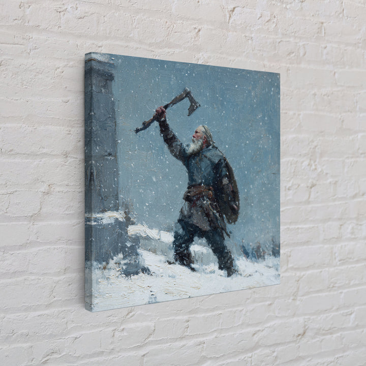 Snowy Viking Warrior Raising Axe Canvas Print, Norse Wall Art, Winter Landscape Art, Rustic Home Decor, Gift For Him, Cabin Decor