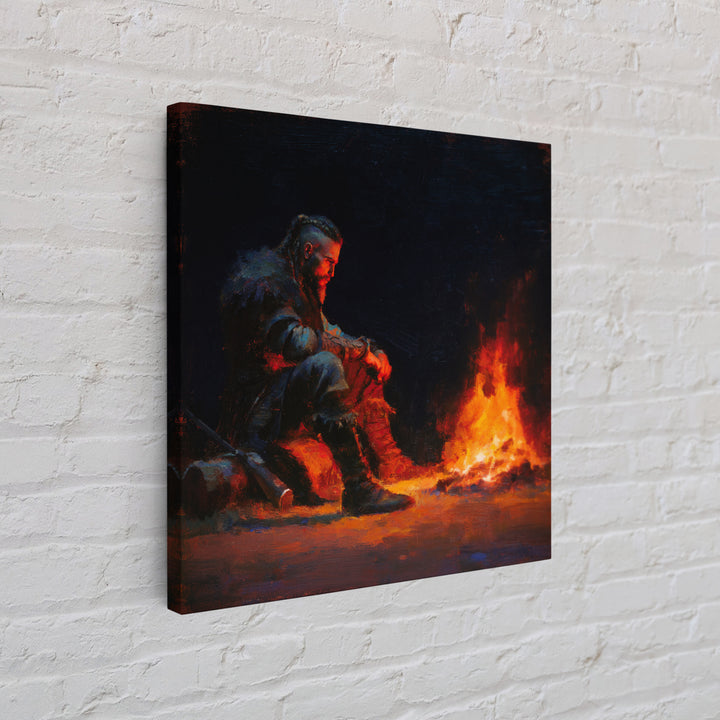 Viking Warrior Beside Fire Framed Canvas Print, Dark Fantasy Art, Nordic Wall Decor, Masculine Man Cave Office Decor Gift For Him