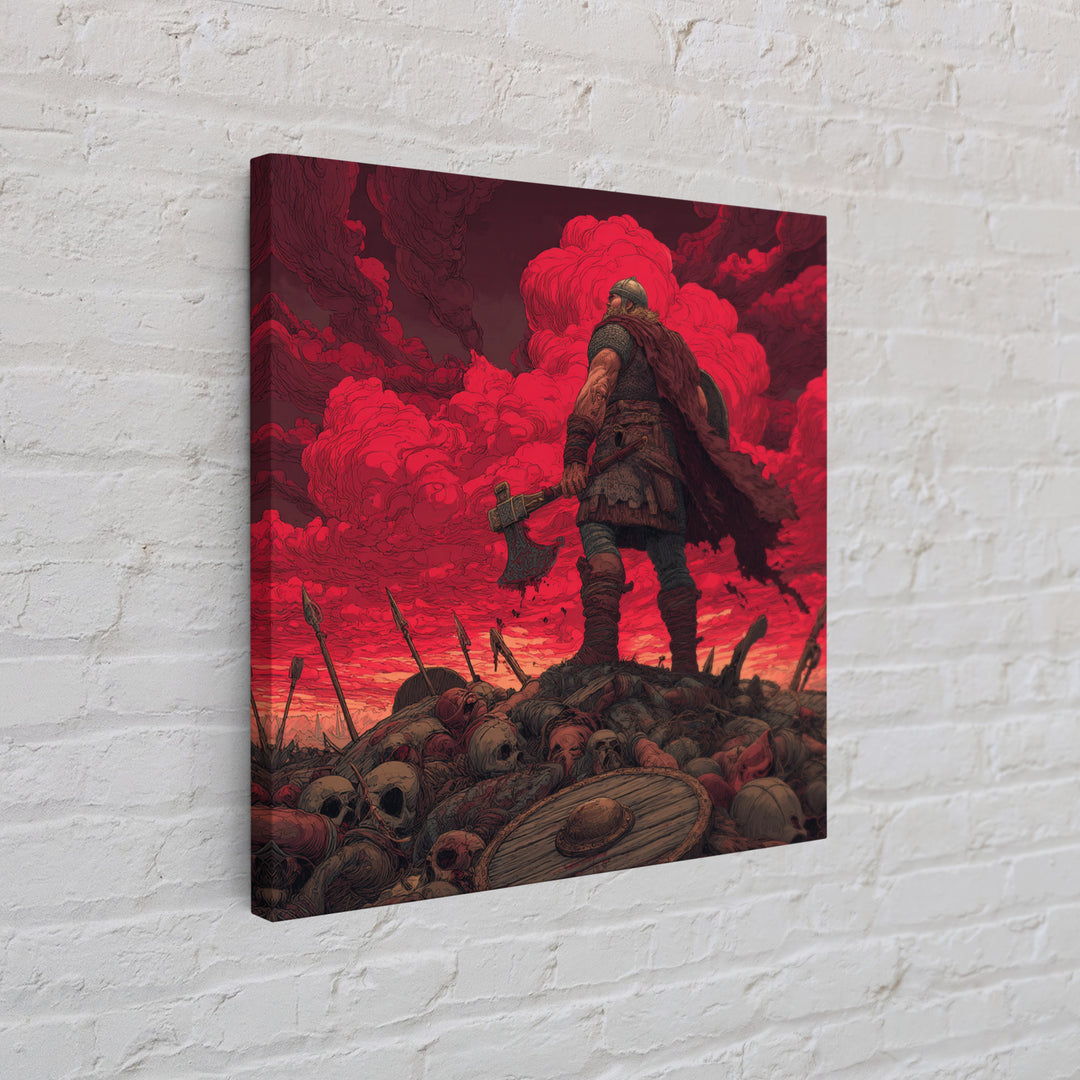 Viking Warrior On Skull Battlefield, Red Apocalypse Wall Art, Norse Fantasy Canvas Print, Dark Masculine Decor, Gift For Him
