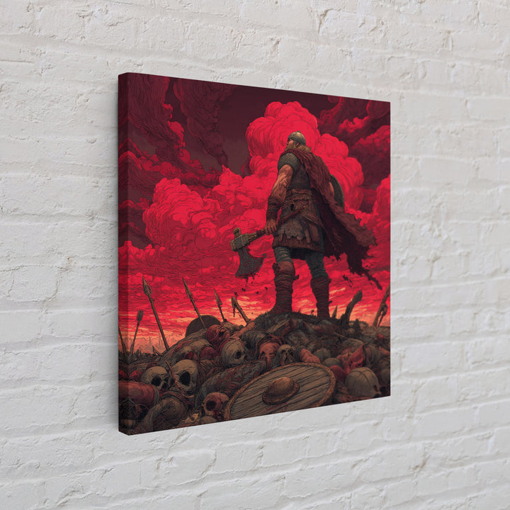 Viking Warrior On Skull Battlefield, Red Apocalypse Wall Art, Norse Fantasy Canvas Print, Dark Masculine Decor, Gift For Him