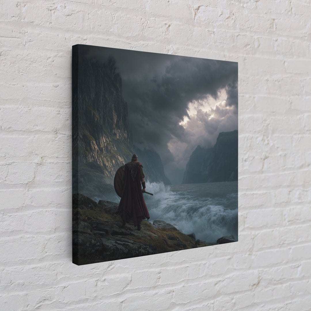 Viking Warrior Over Stormy Fjord Wall Art, Nordic Landscape Canvas Print, Moody Seascape, Nautical Decor, Gift For Him, Coastal Wall Art