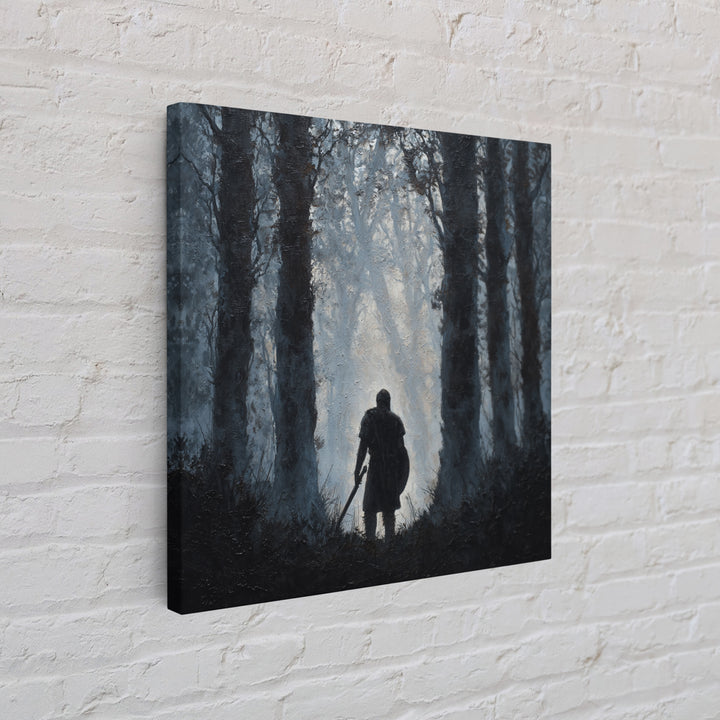 Dark Warrior In Misty Forest Wall Art, Medieval Fantasy Oil Painting, Moody Landscape Print, Gothic Home Decor Gift For Him
