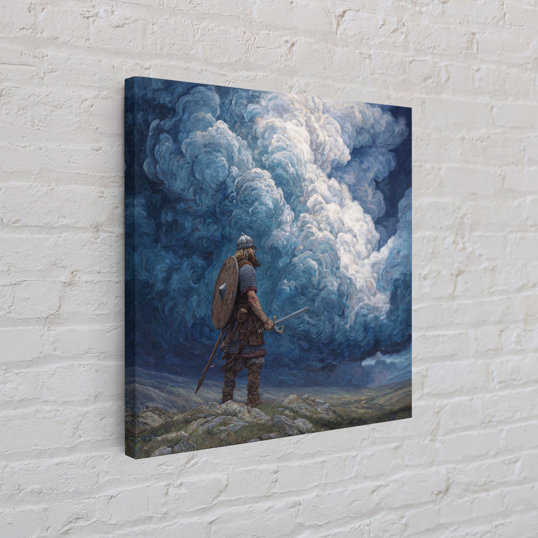 Viking Warrior Beneath Storm Clouds Wall Art, Nordic Fantasy Landscape, Dramatic Blue Canvas Print, Masculine Rustic Decor